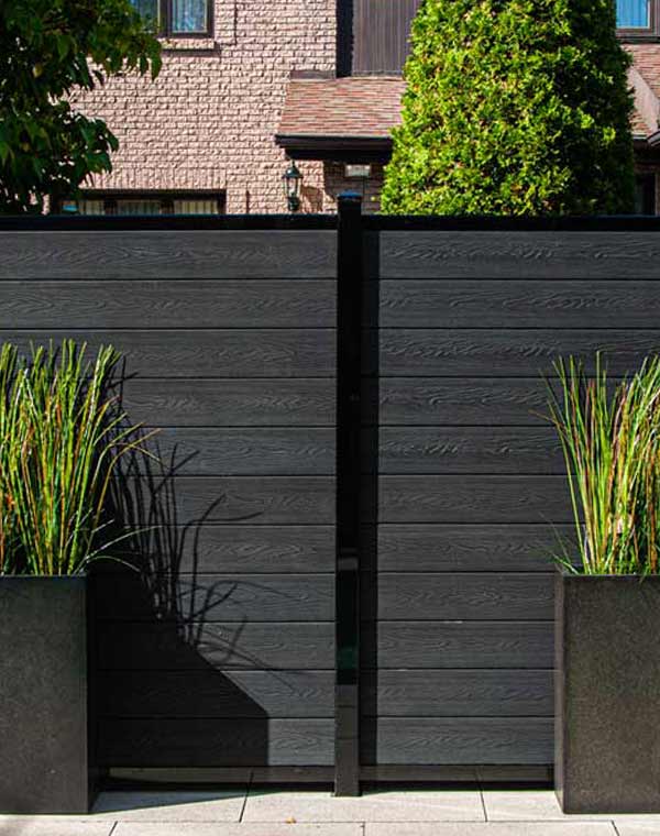 Black composite fence Ezfence-natural-black-outdoor-screening-decorative-panel-garden-privacy-security-canada-toronto-nova-scotia-chicago-california-pool-fencing-makeover-patio-mississauga-backyard